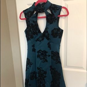 Blue Mini Dress With Black Velvet Floral Sz Small